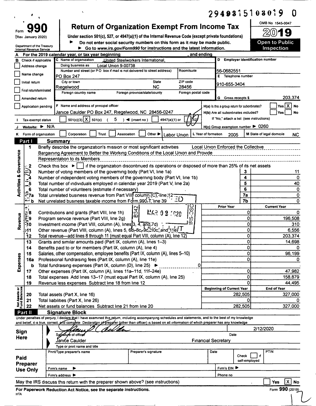 Image of first page of 2019 Form 990O for United Steelworkers - 9-00738 Local