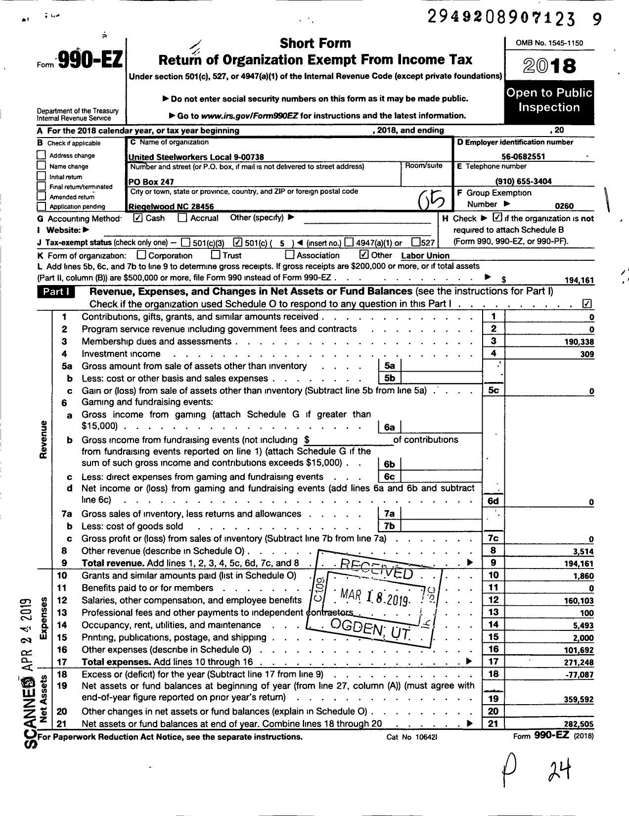 Image of first page of 2018 Form 990EO for United Steelworkers - 9-00738 Local