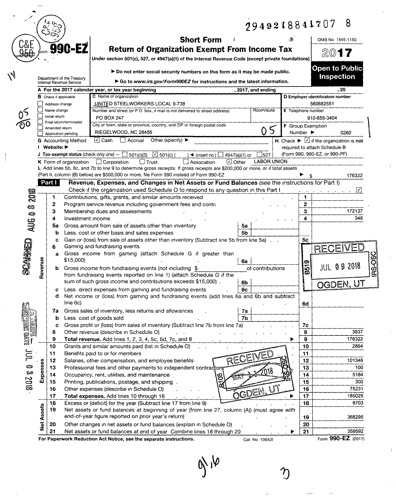 Image of first page of 2017 Form 990EO for United Steelworkers - 9-00738 Local