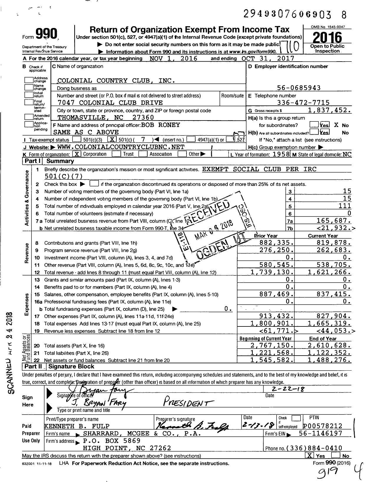 Image of first page of 2016 Form 990O for Colonial Country Club