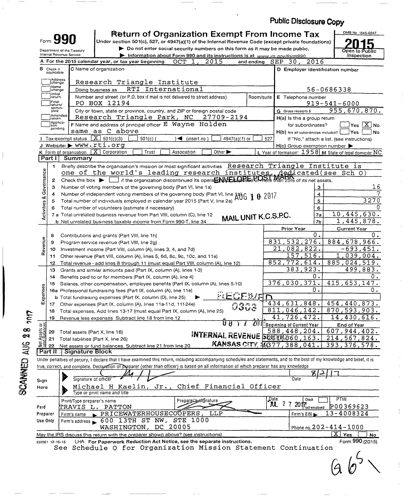 Image of first page of 2015 Form 990 for Research Triangle Institute (RTI)