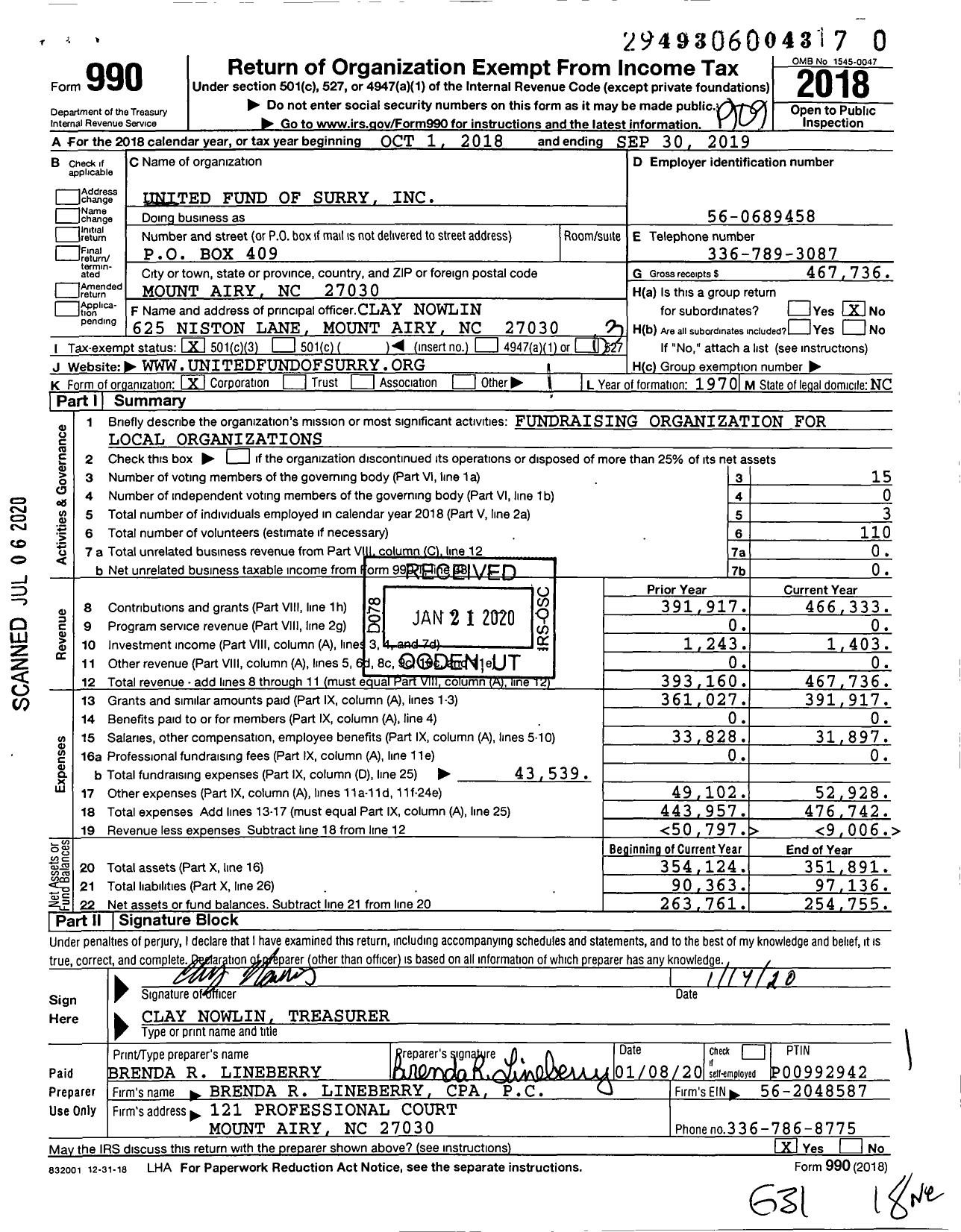 Image of first page of 2018 Form 990 for United Fund of Surry