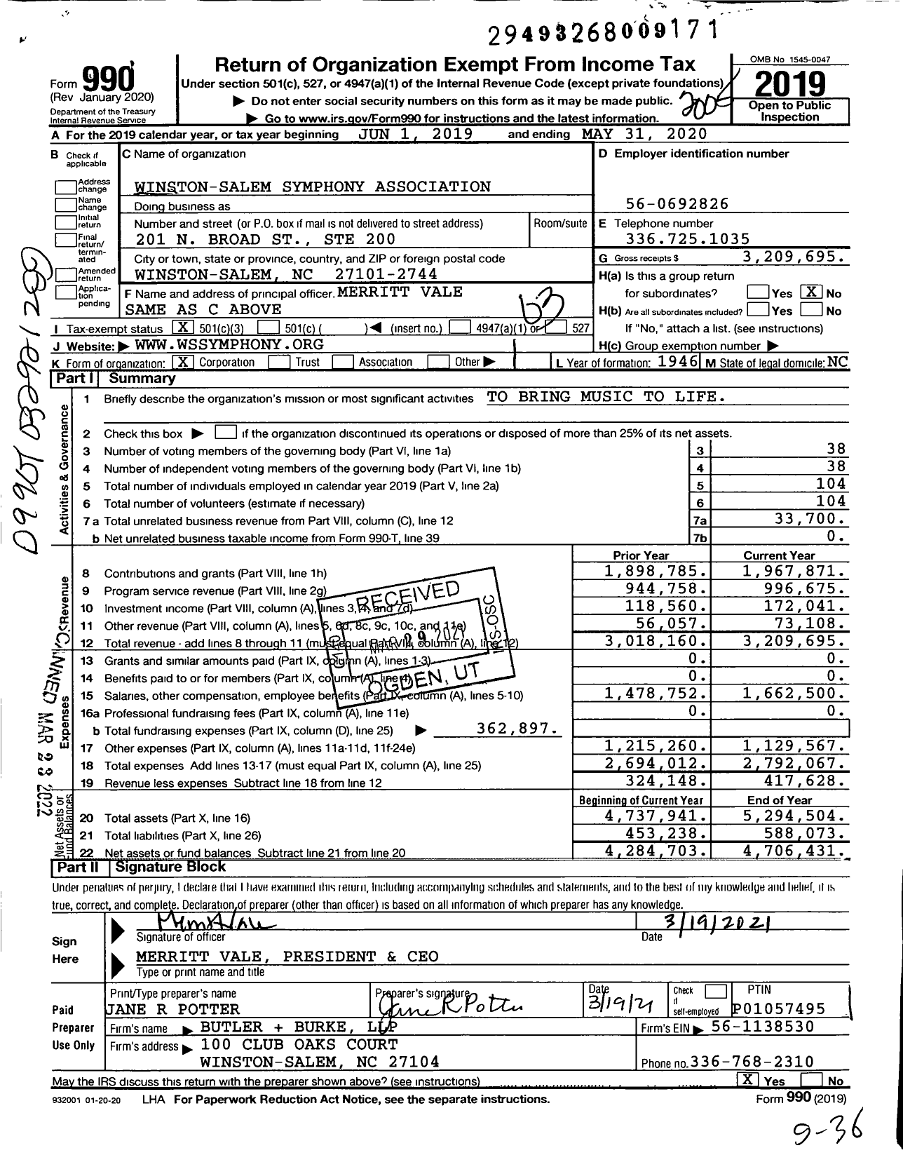 Image of first page of 2019 Form 990 for Winston Salem Symphony (WSS)