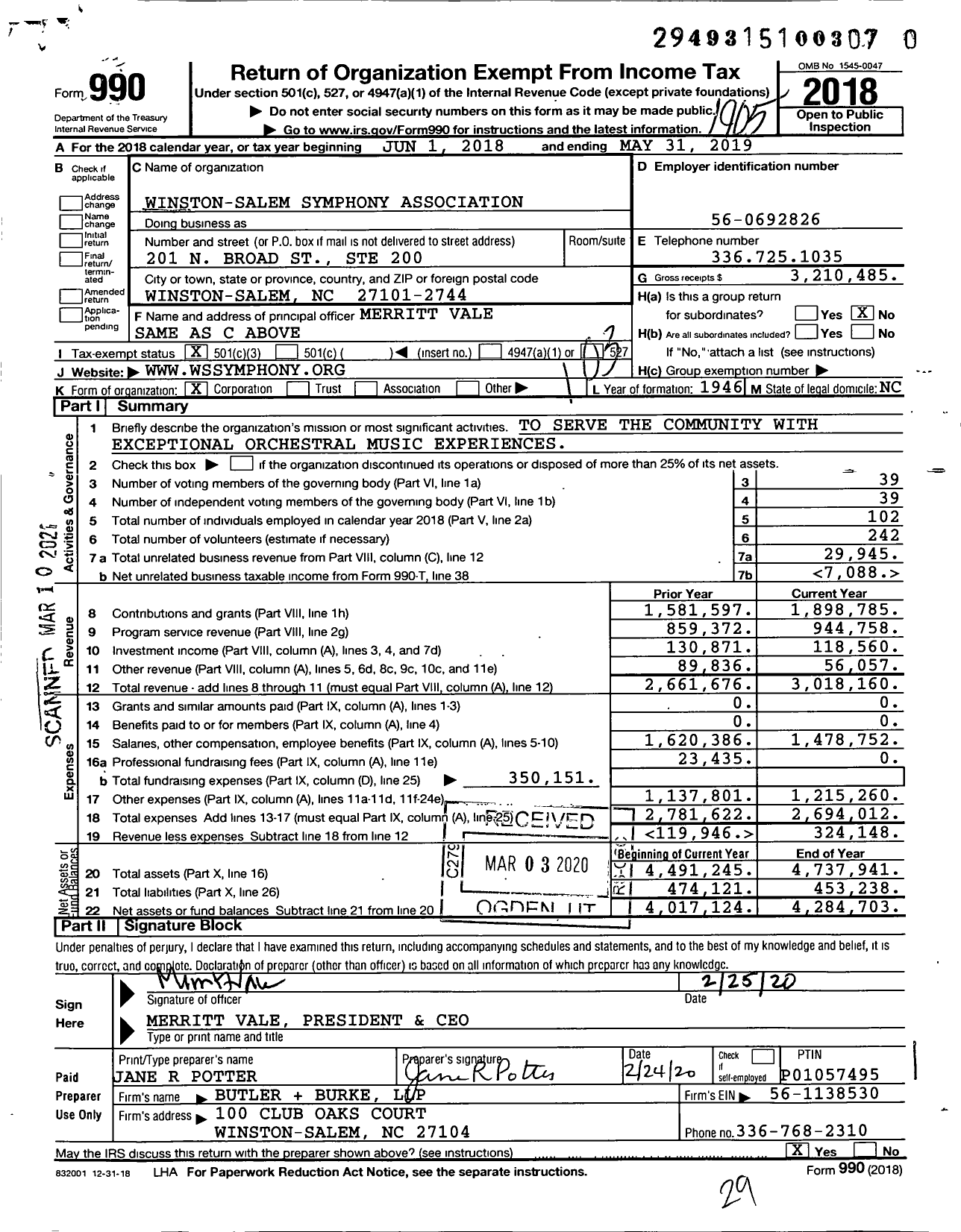 Image of first page of 2018 Form 990 for Winston Salem Symphony (WSS)