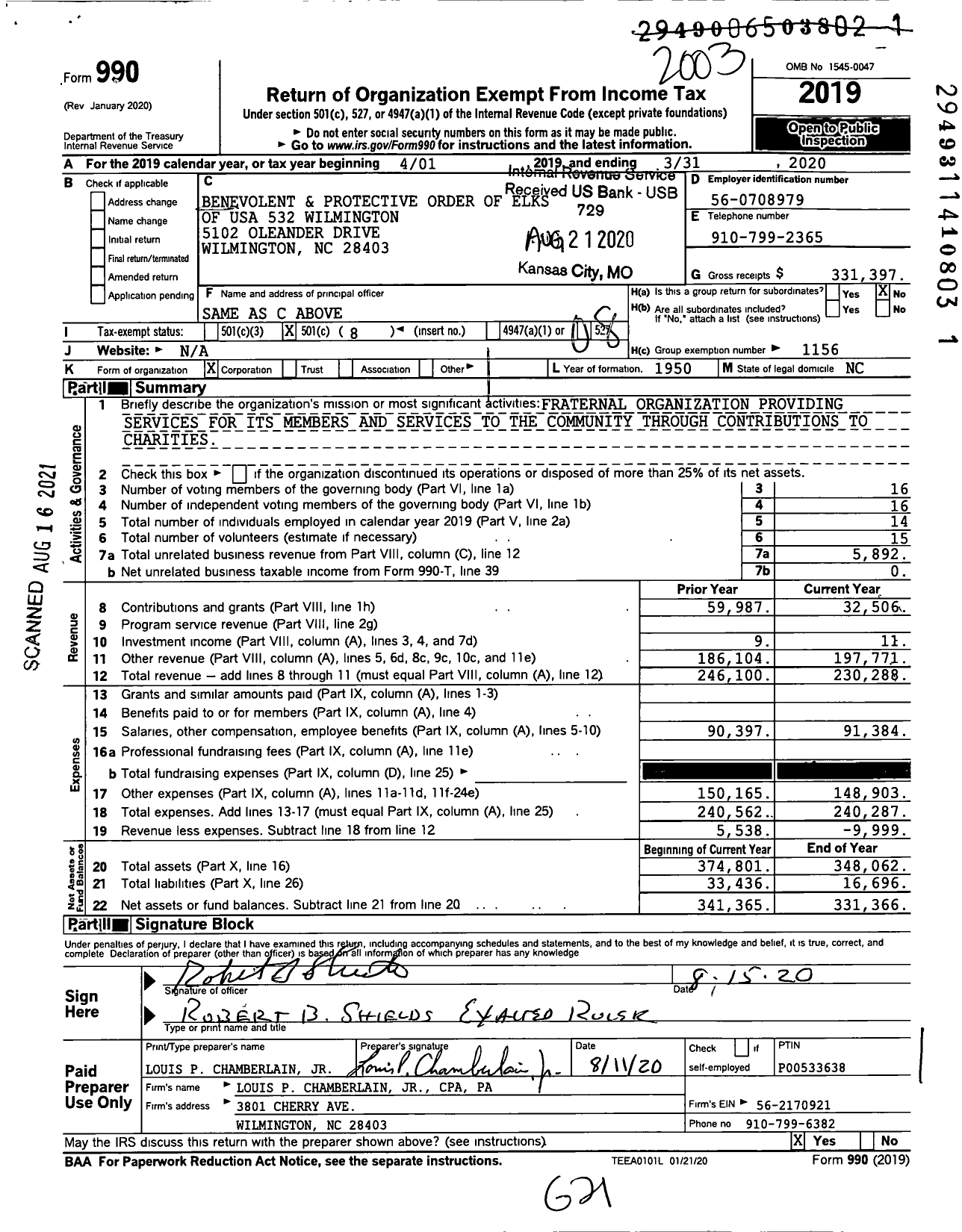 Image of first page of 2019 Form 990O for Benevolent and Protective Order of Elks - 532 Wilmington