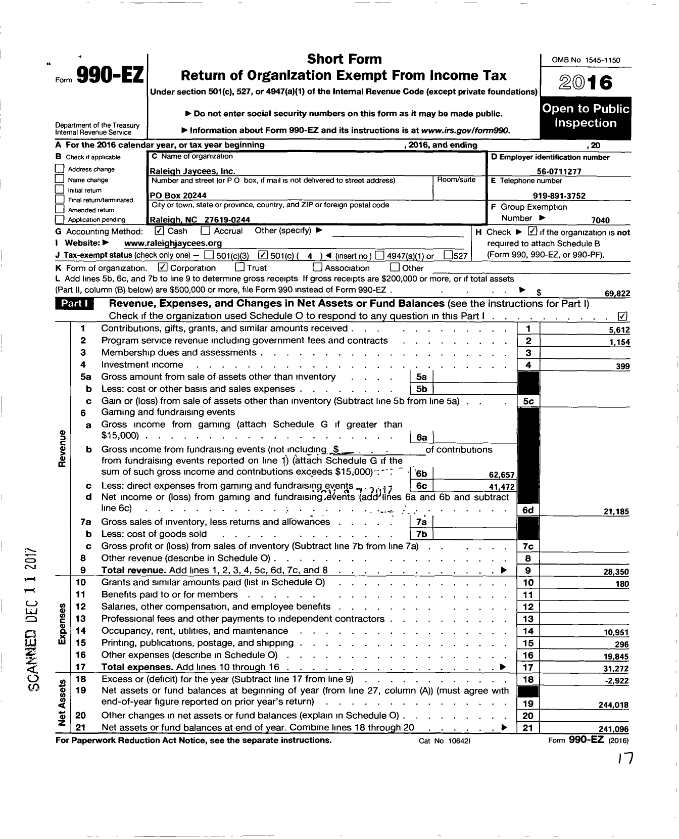 Image of first page of 2016 Form 990EO for United States Junior Chamber of Commerce / Raleigh Jaycees