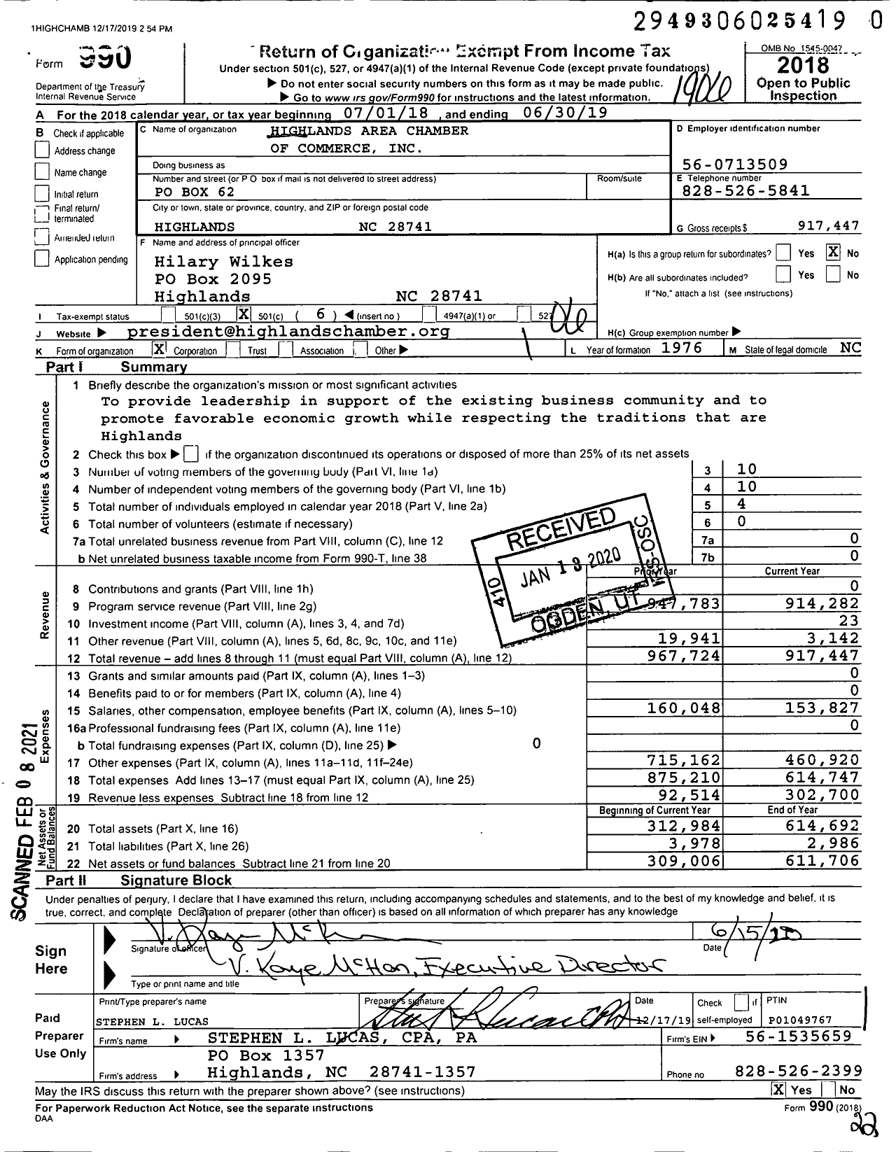 Image of first page of 2018 Form 990O for Highlands Area Chamber of Commerce