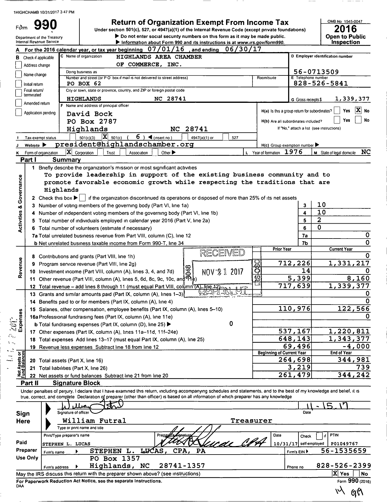 Image of first page of 2016 Form 990O for Highlands Area Chamber of Commerce