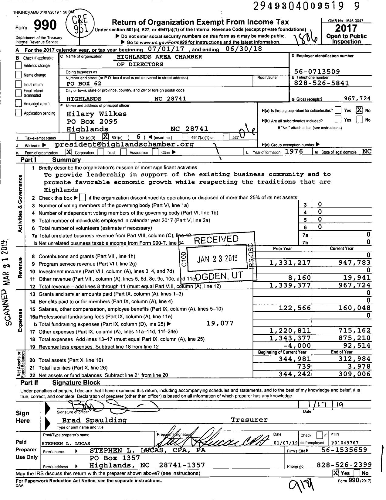 Image of first page of 2017 Form 990O for Highlands Area Chamber of Commerce