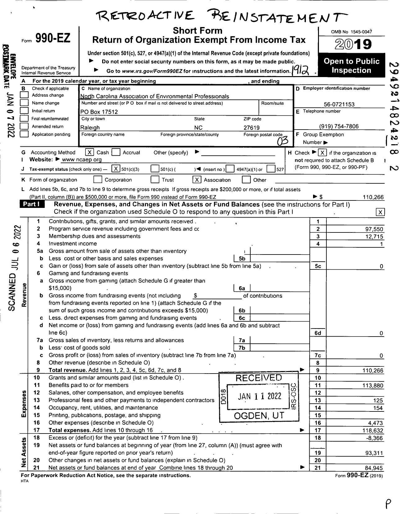 Image of first page of 2020 Form 990EZ for North Carolina Association of Environmental Professionals