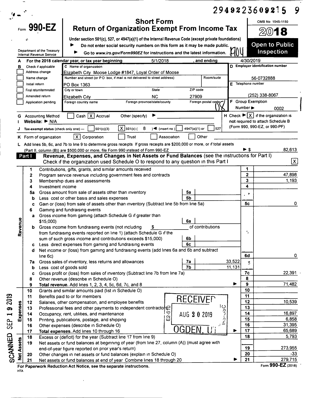 Image of first page of 2018 Form 990EO for Loyal Order of Moose - 1847