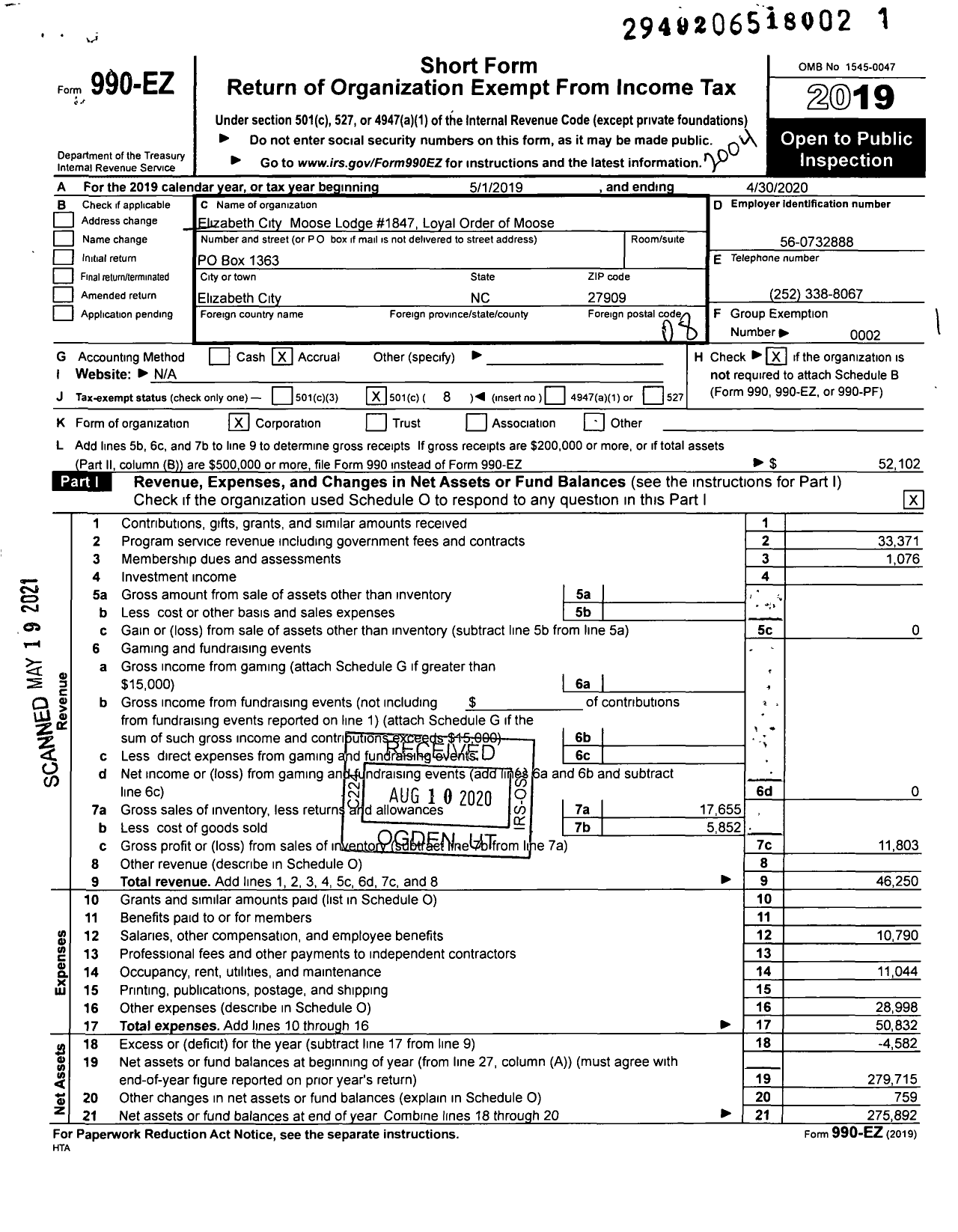 Image of first page of 2019 Form 990EO for Loyal Order of Moose - 1847