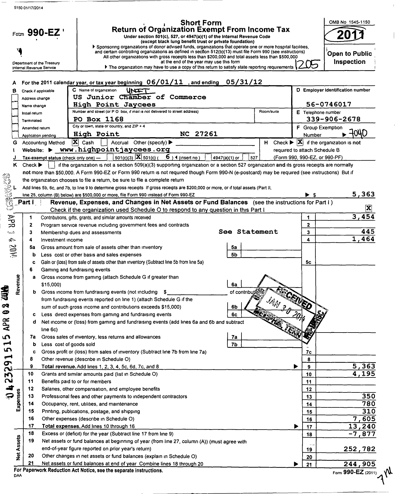 Image of first page of 2011 Form 990EO for United States Junior Chamber of Commerce