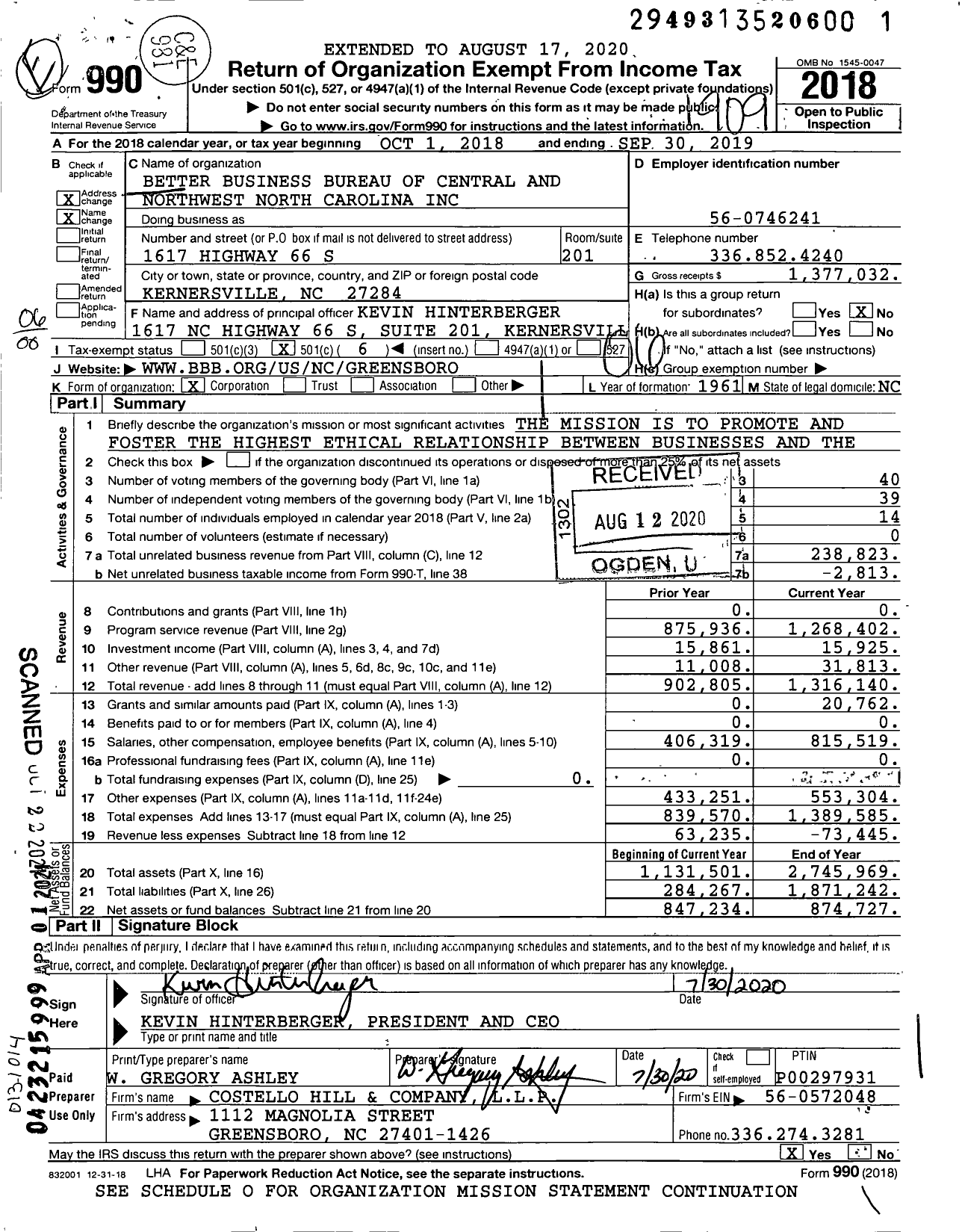 Image of first page of 2018 Form 990O for BBB