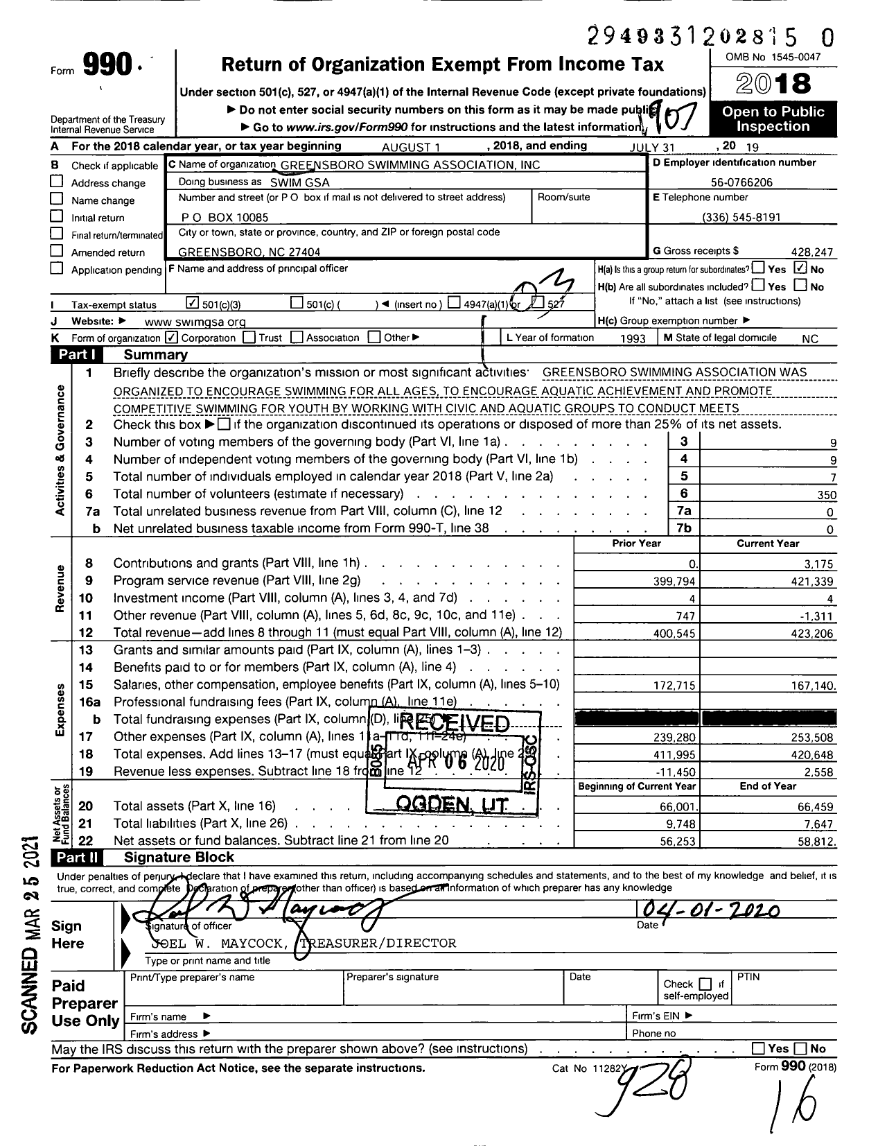 Image of first page of 2018 Form 990 for Swim GSA