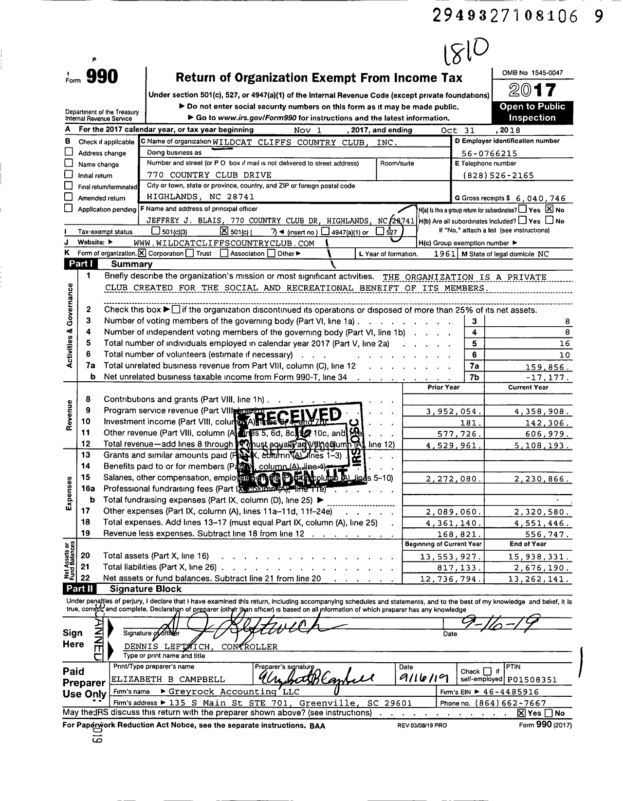 Image of first page of 2017 Form 990O for Wildcat Cliffs Country Club