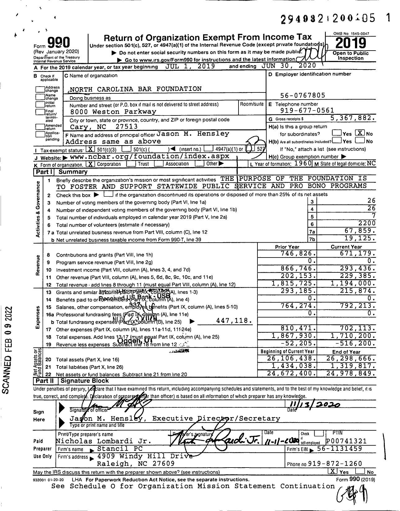 Image of first page of 2019 Form 990 for North Carolina Bar Foundation