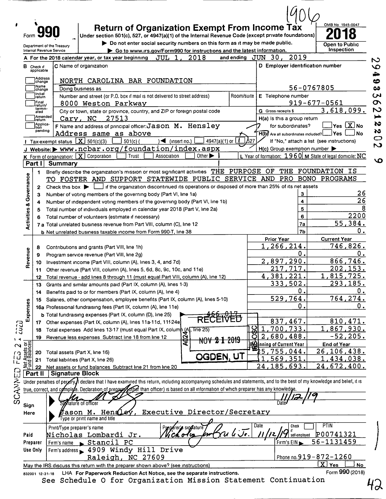 Image of first page of 2018 Form 990 for North Carolina Bar Foundation