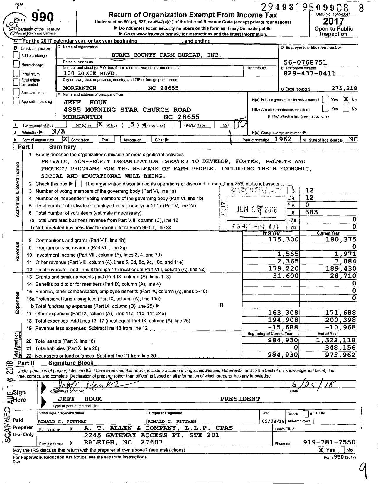 Image of first page of 2017 Form 990O for Farm Bureau Inc-Burke County