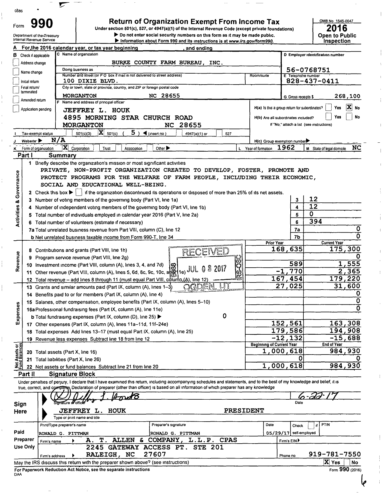 Image of first page of 2016 Form 990O for Farm Bureau Inc-Burke County