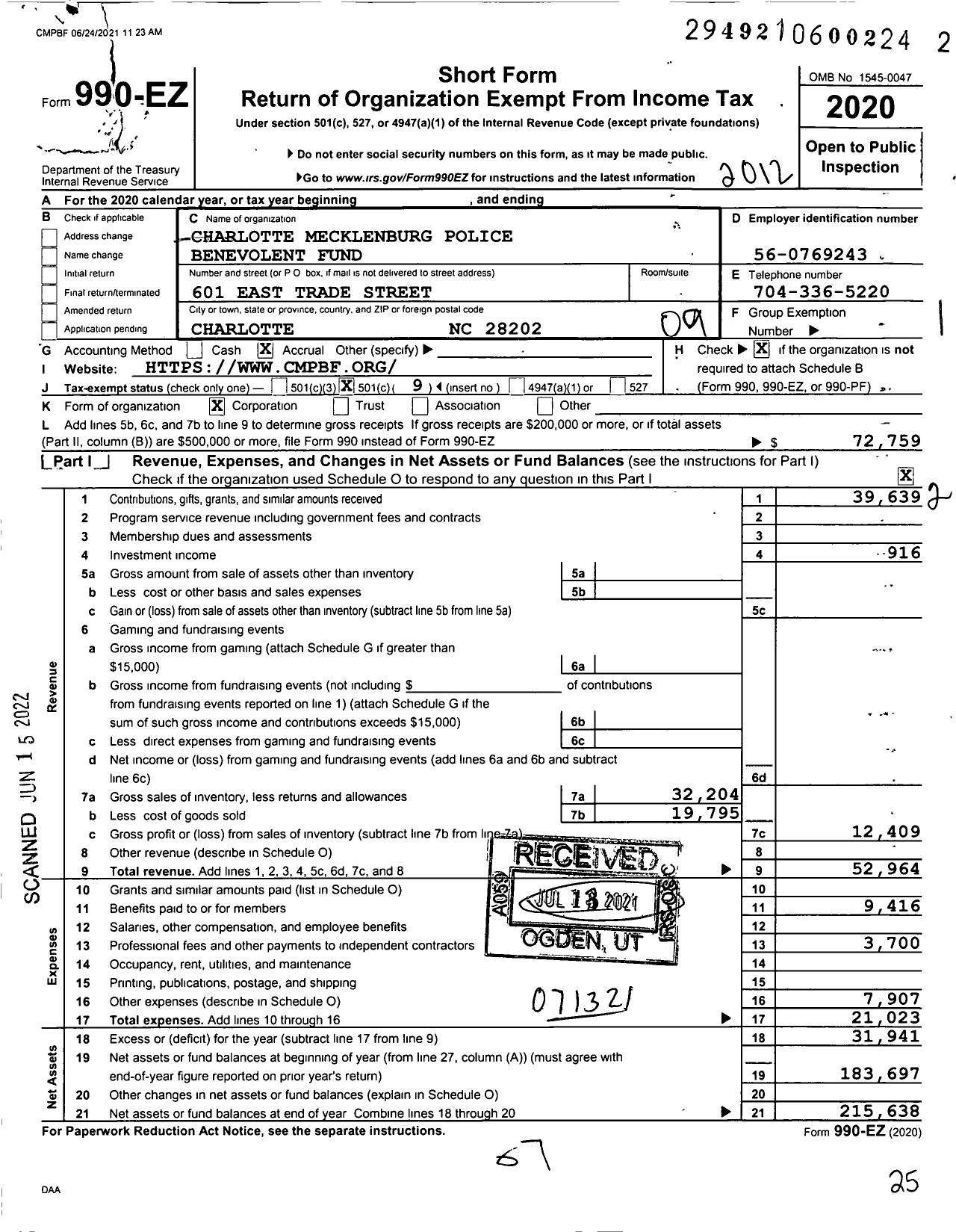 Image of first page of 2020 Form 990EO for Charlotte Mecklenburg Police Benevolent Fund