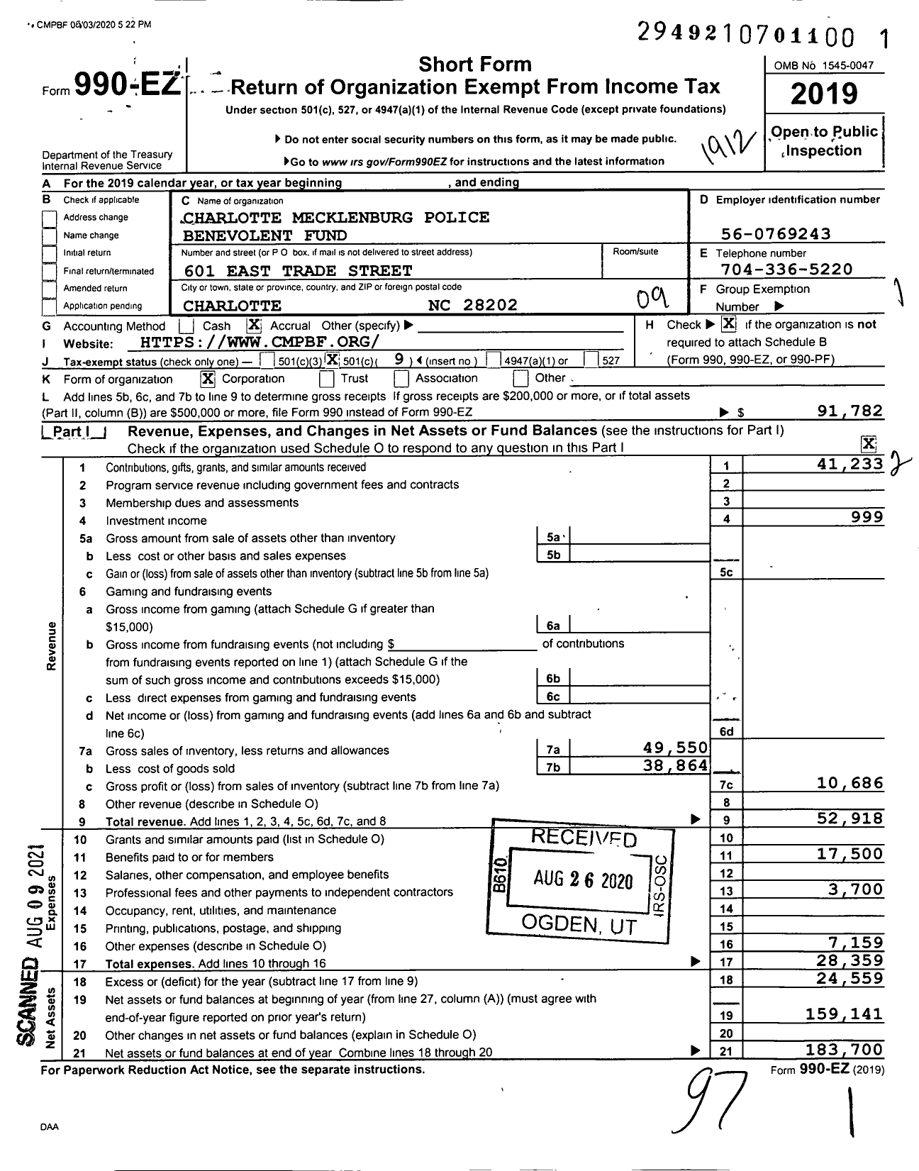 Image of first page of 2019 Form 990EO for Charlotte Mecklenburg Police Benevolent Fund