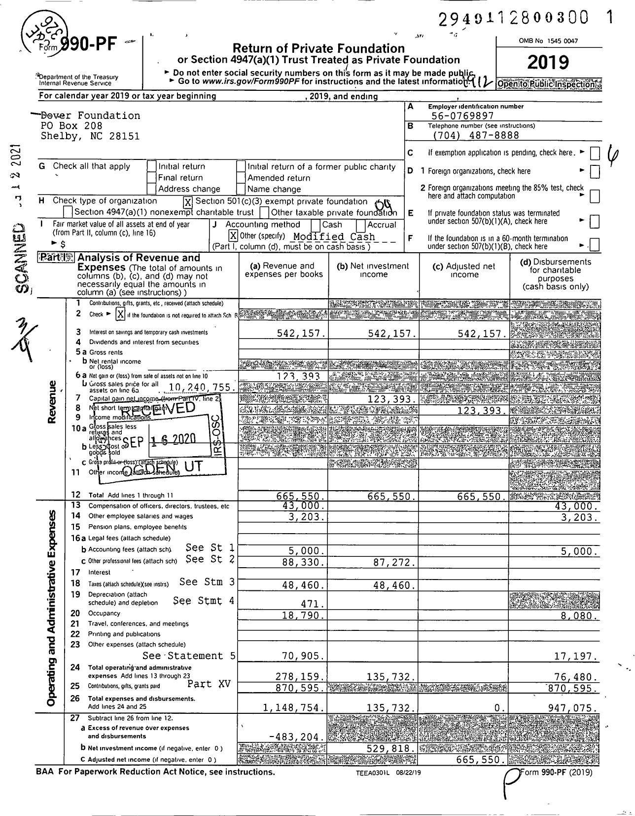 Image of first page of 2019 Form 990PF for Dover Foundation