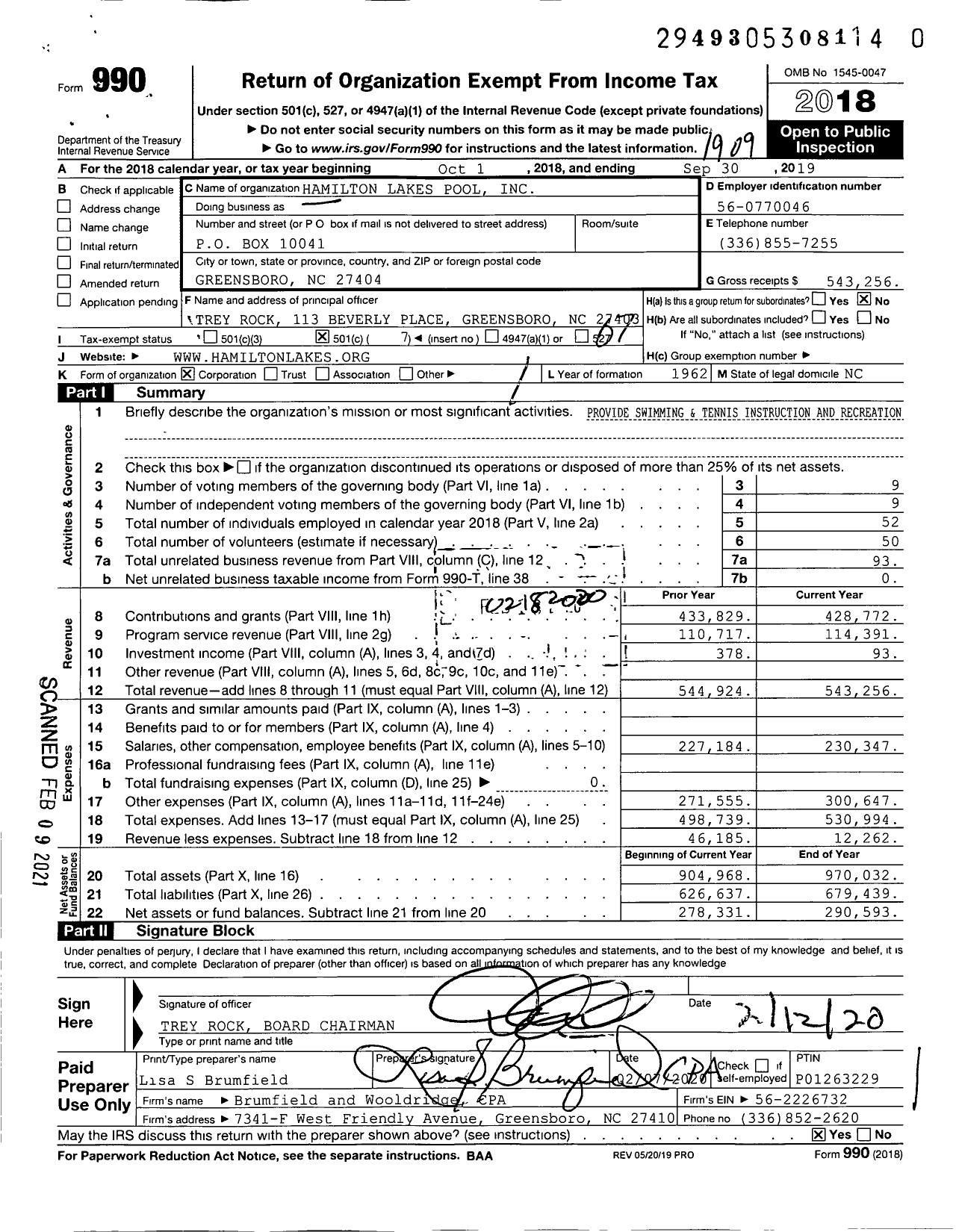 Image of first page of 2018 Form 990O for Hamilton Lakes Pool