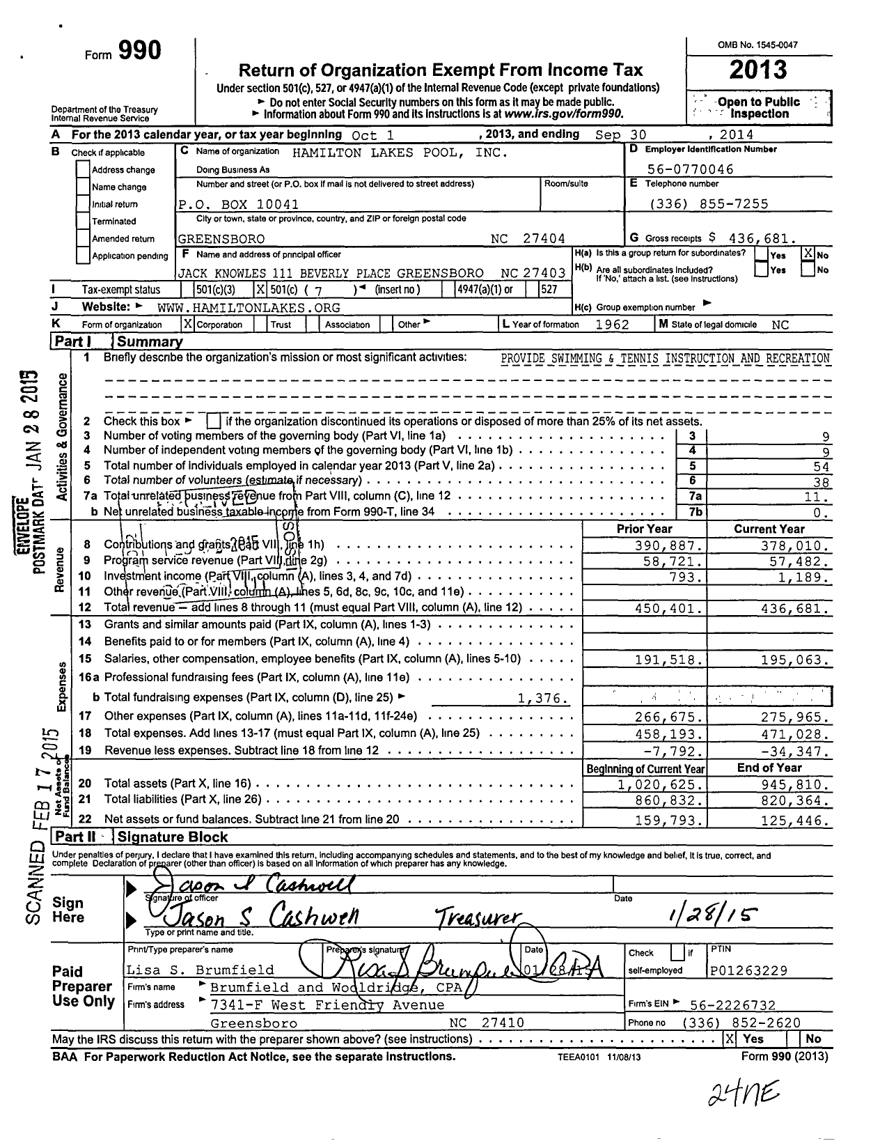 Image of first page of 2013 Form 990O for Hamilton Lakes Pool