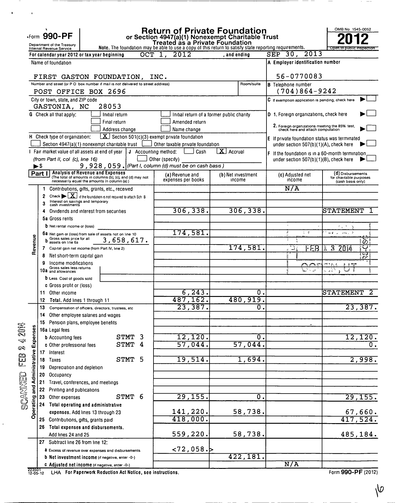 Image of first page of 2012 Form 990PF for First Gaston Foundation