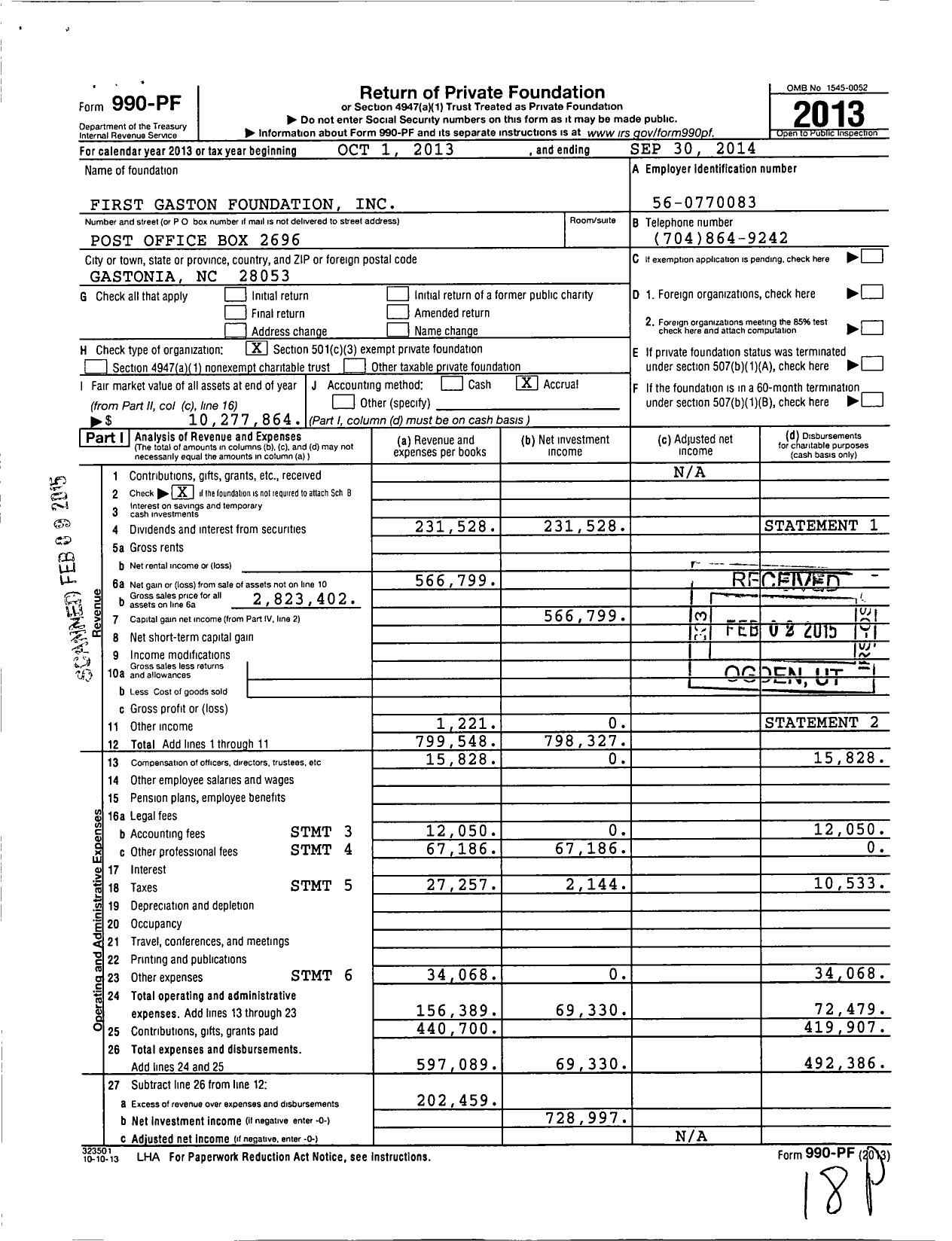 Image of first page of 2013 Form 990PF for First Gaston Foundation