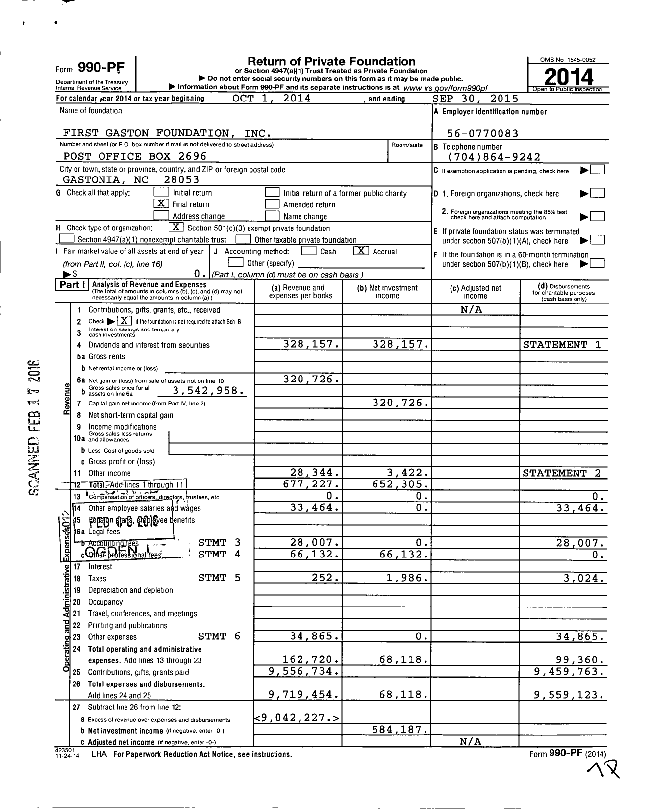 Image of first page of 2014 Form 990PF for First Gaston Foundation