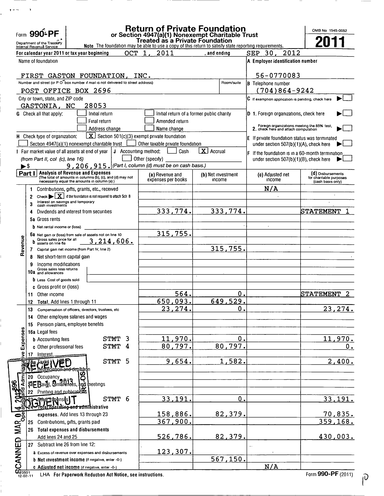Image of first page of 2011 Form 990PF for First Gaston Foundation