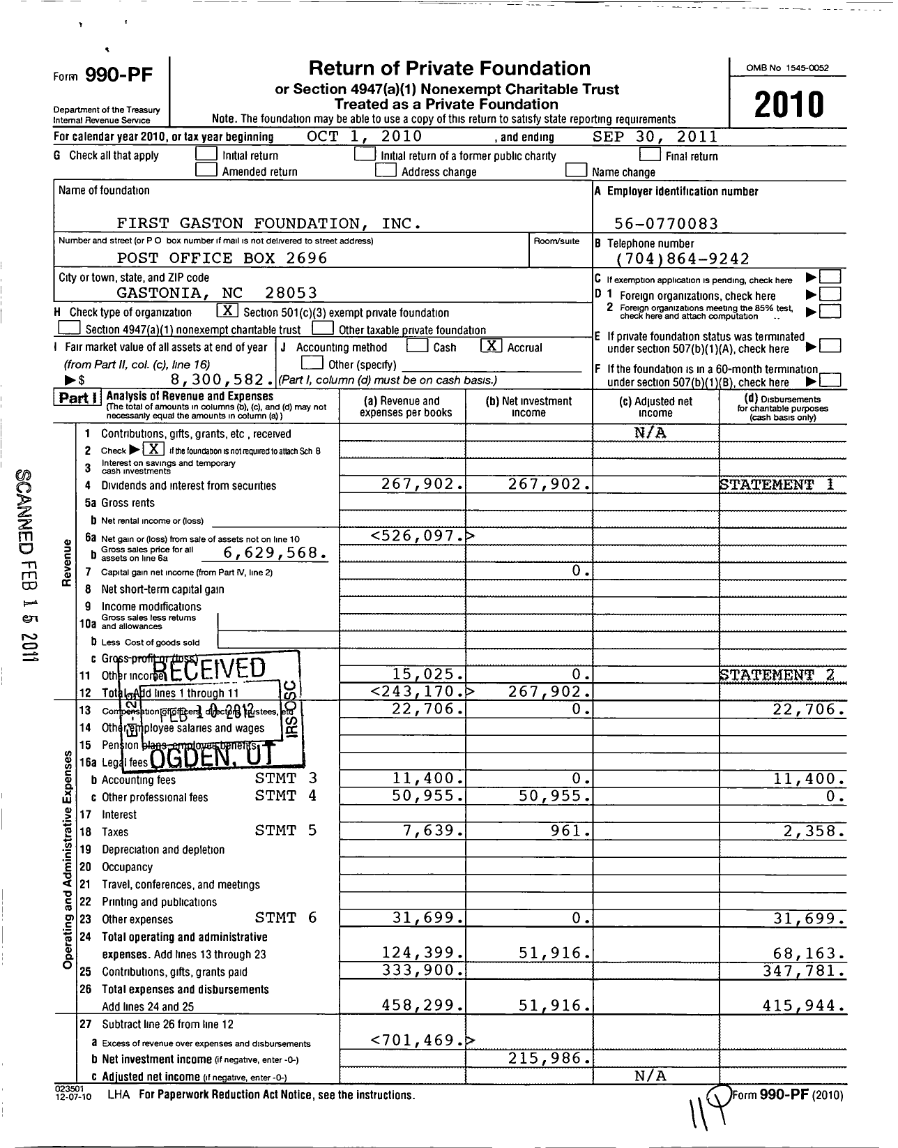 Image of first page of 2010 Form 990PF for First Gaston Foundation