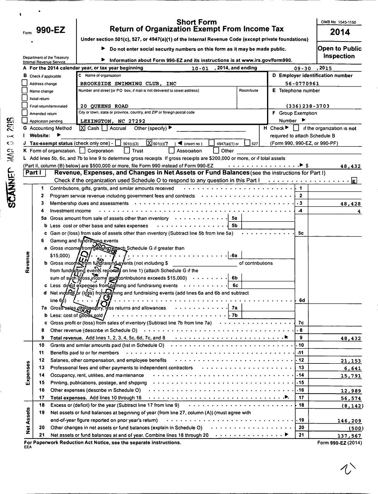 Image of first page of 2014 Form 990EO for Brookside Swimming Club