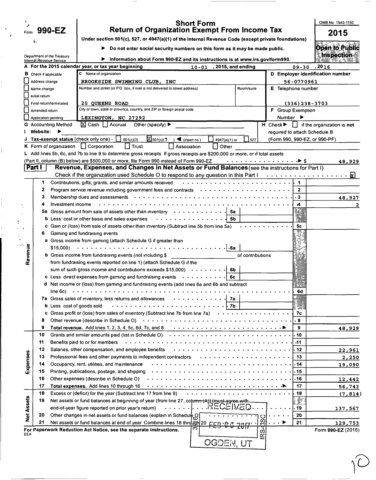 Image of first page of 2015 Form 990EO for Brookside Swimming Club