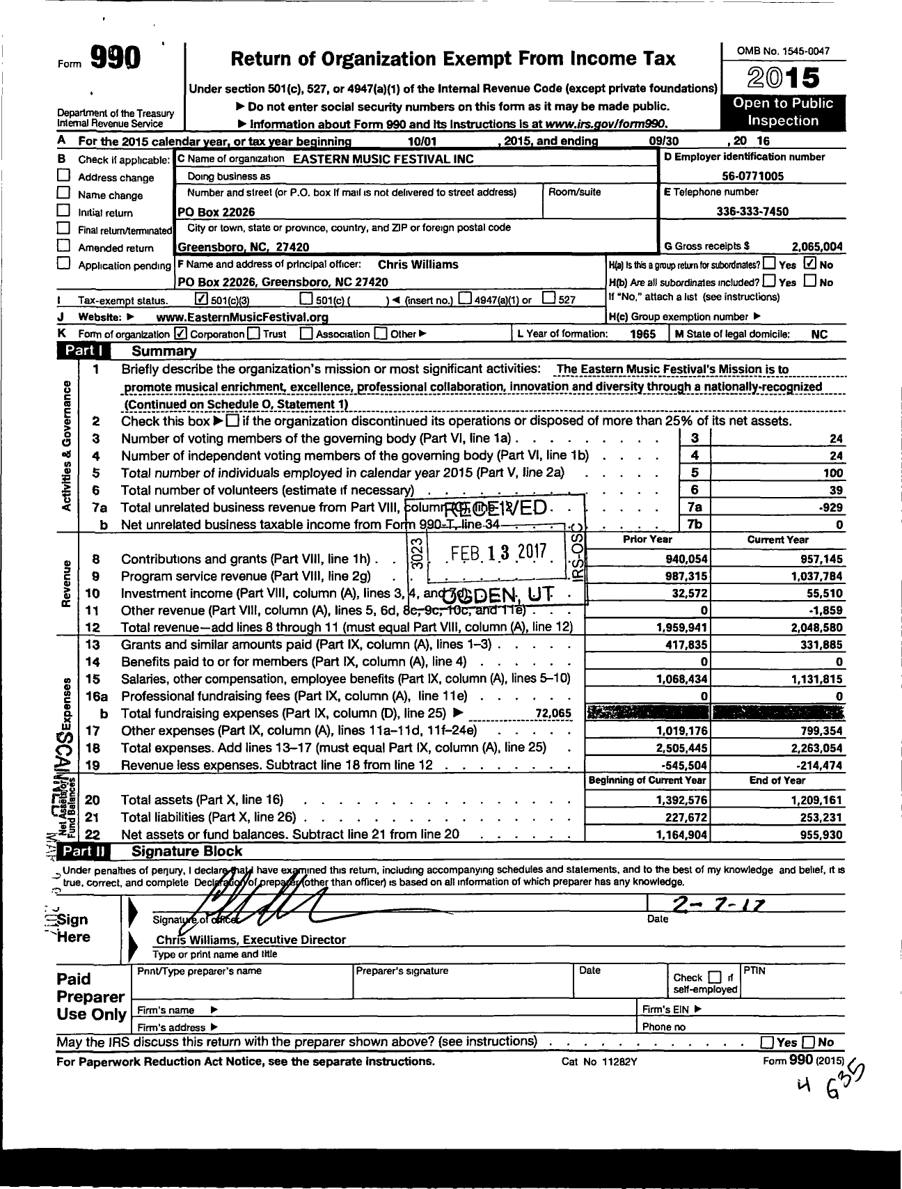 Image of first page of 2015 Form 990 for Eastern Music Festival (EMF)