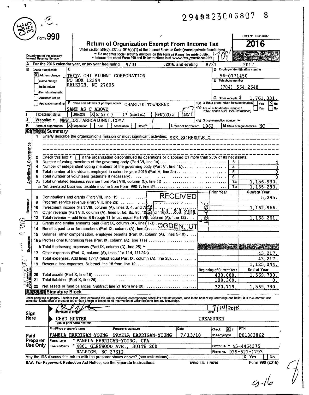 Image of first page of 2016 Form 990O for Theta Chi Alumni Corporation