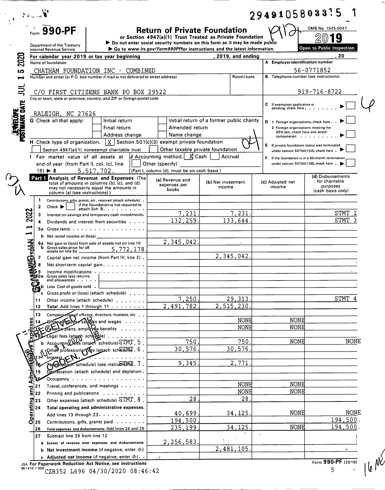 Image of first page of 2019 Form 990PF for Chatham Foundation