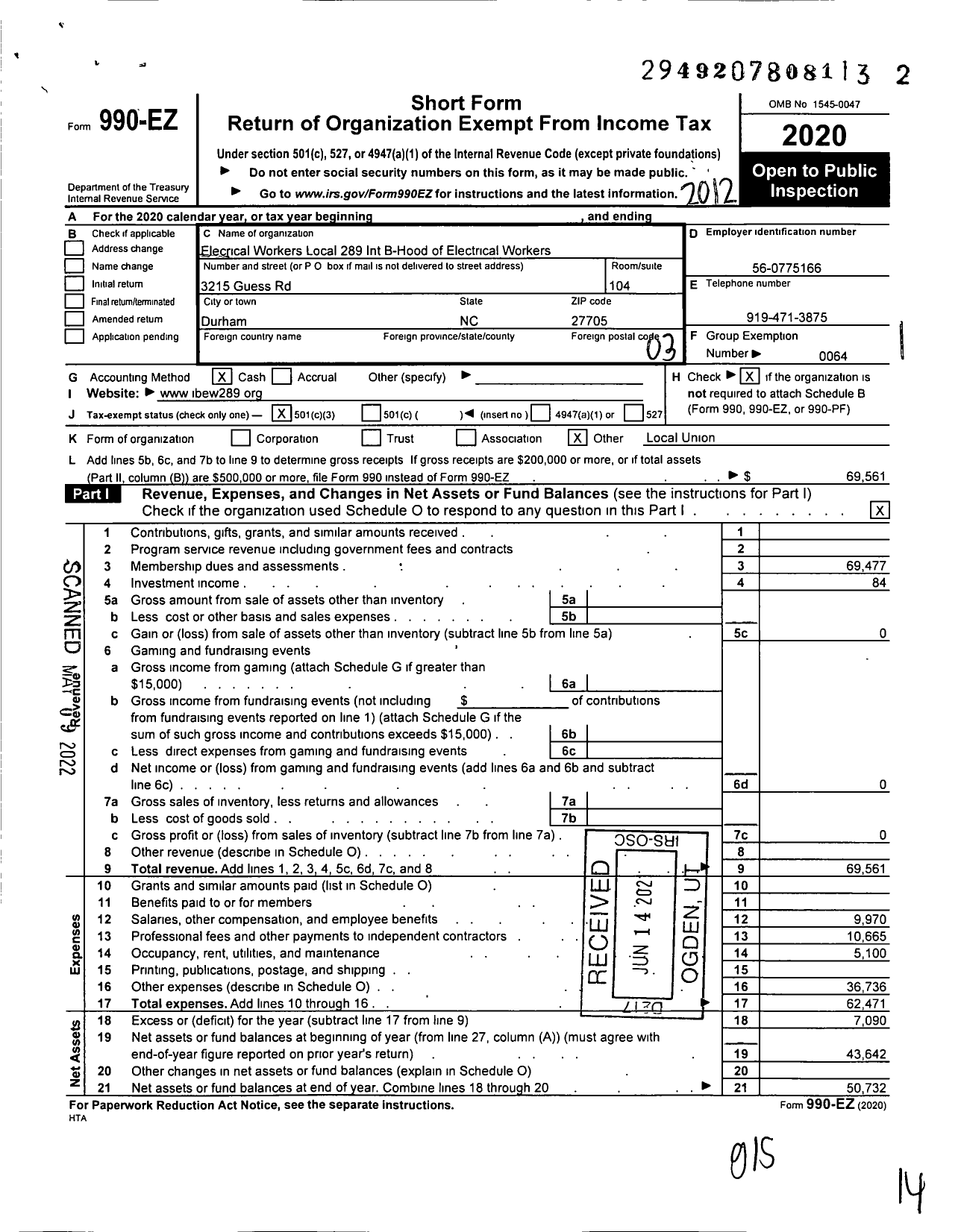 Image of first page of 2020 Form 990EZ for International Brotherhood of Electrical Workers - 0289 Local Union