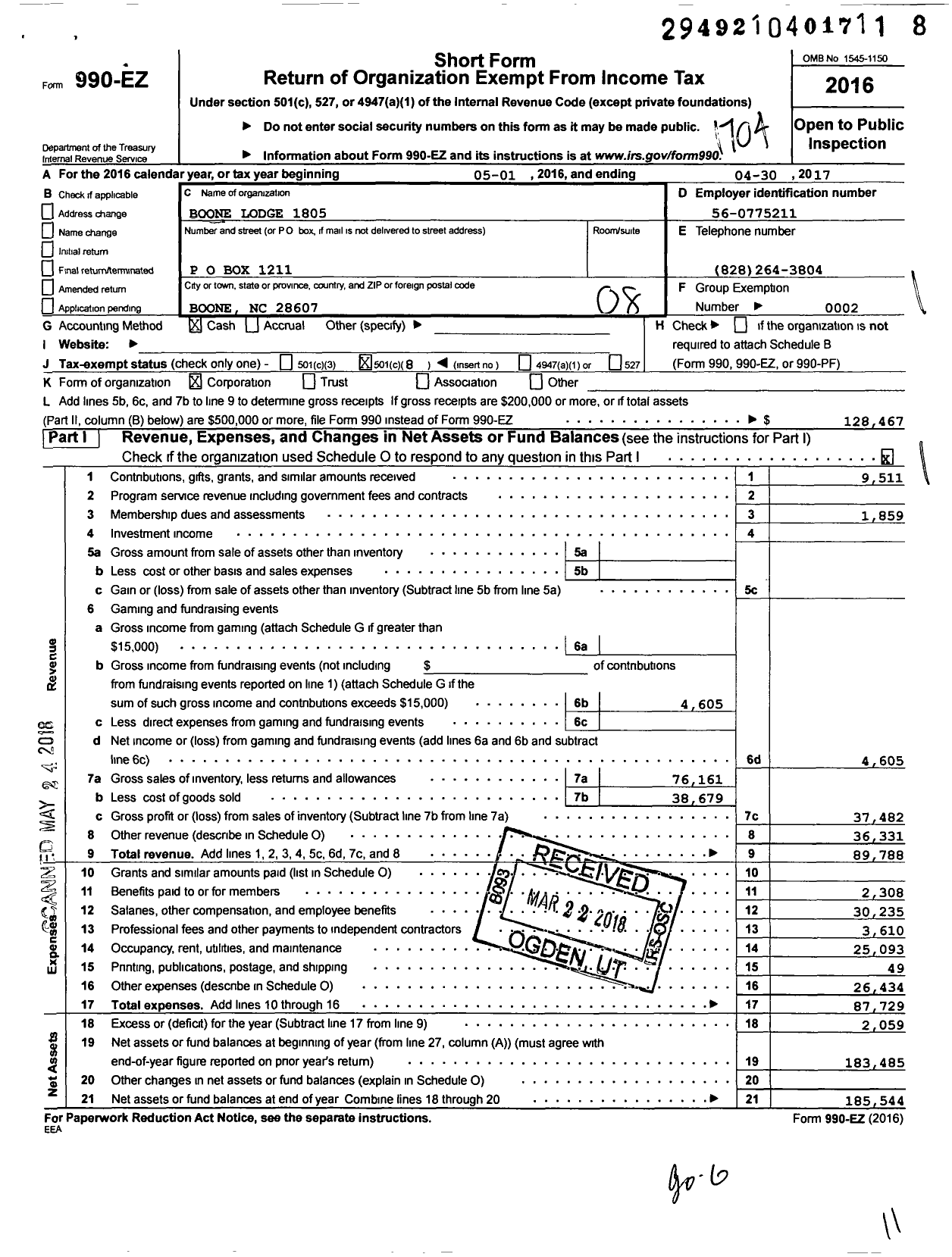 Image of first page of 2016 Form 990EO for Loyal Order of Moose - 1805