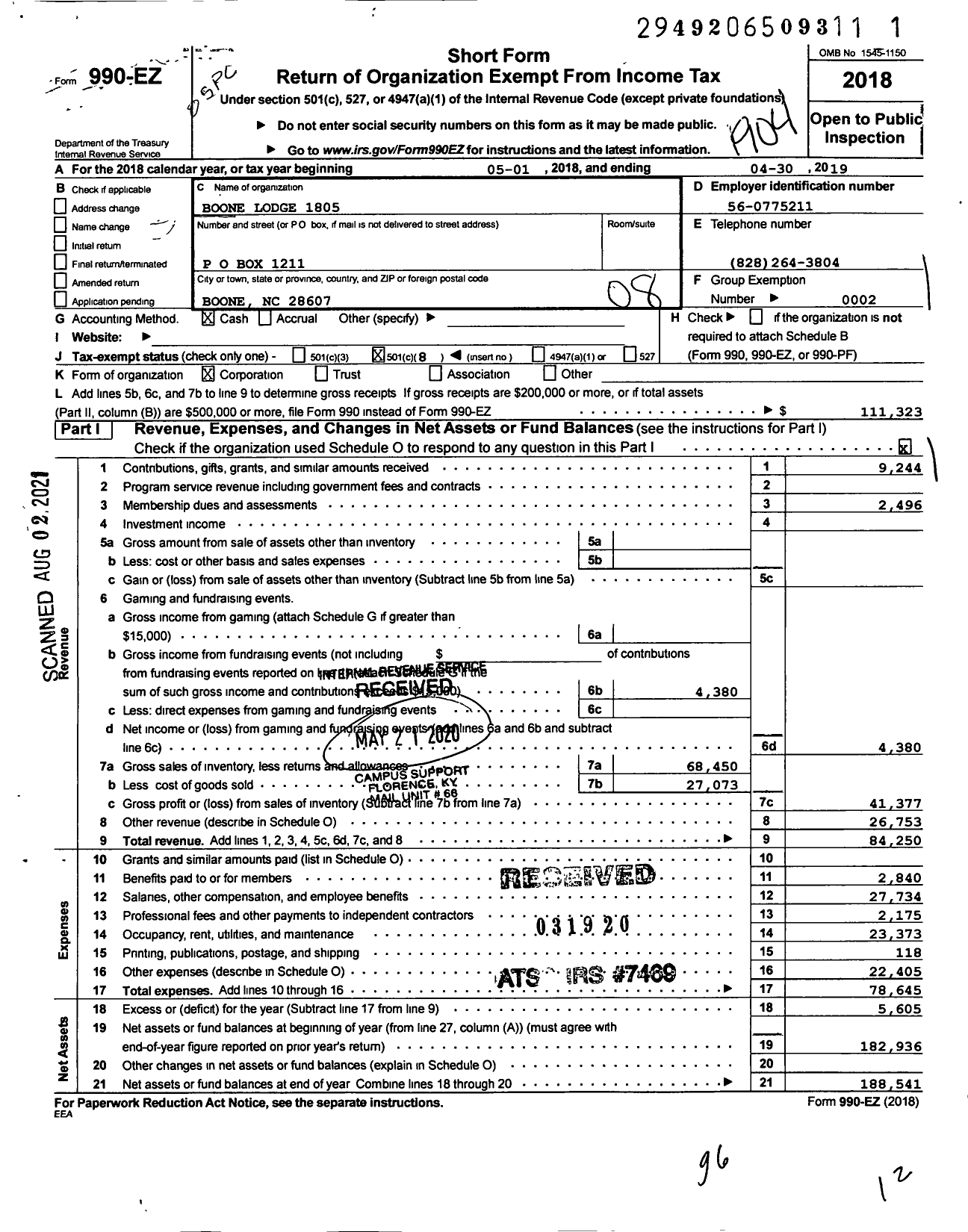Image of first page of 2018 Form 990EO for Loyal Order of Moose - 1805