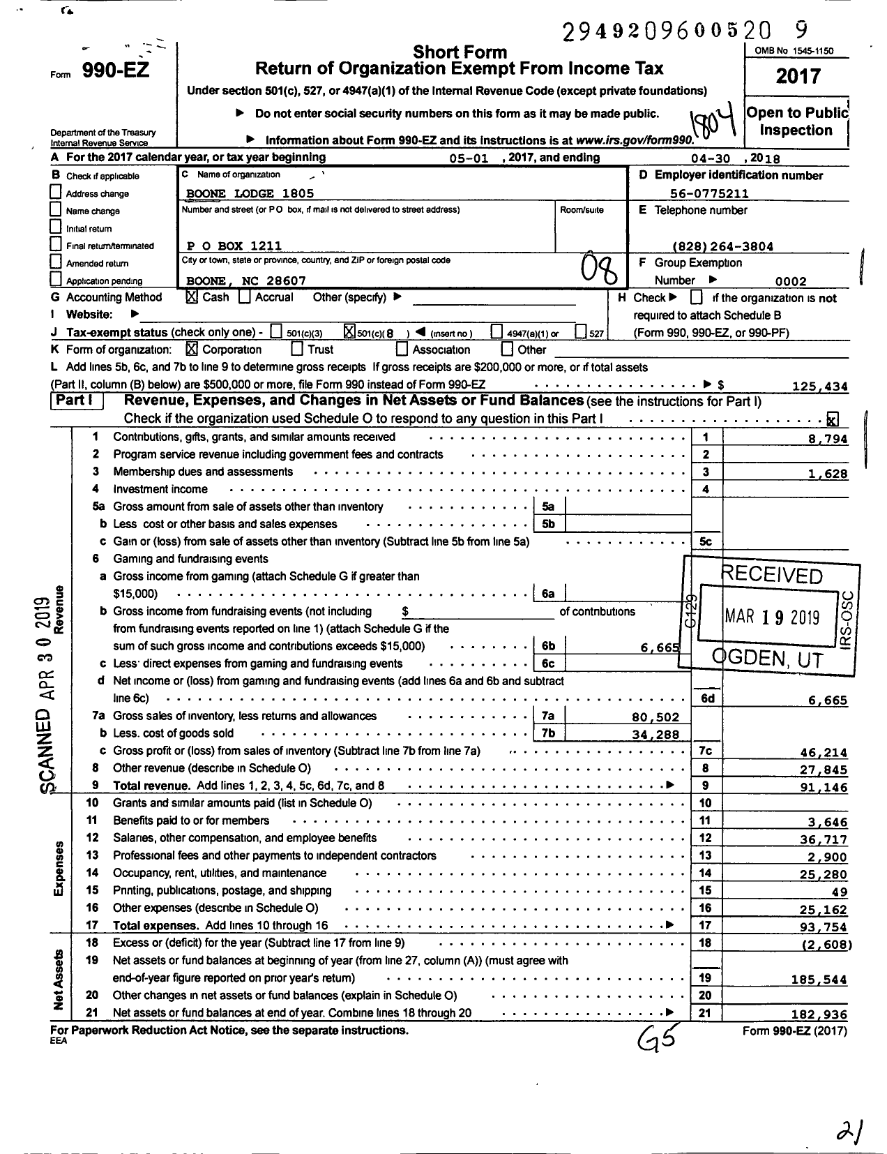 Image of first page of 2017 Form 990EO for Loyal Order of Moose - 1805