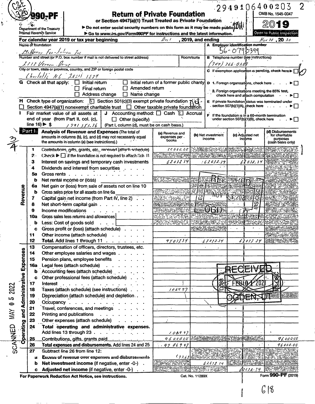 Image of first page of 2019 Form 990PF for Mchenry Foundation
