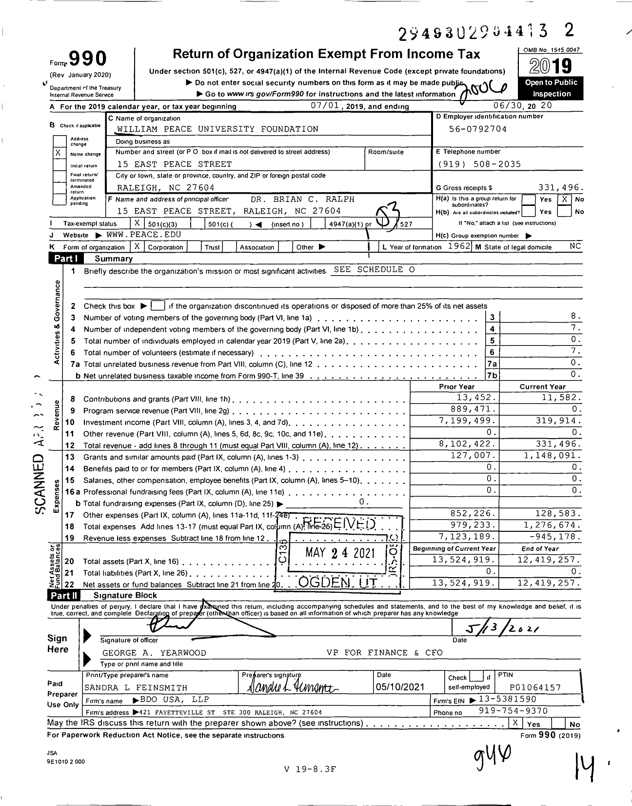 Image of first page of 2019 Form 990 for William Peace University Foundation