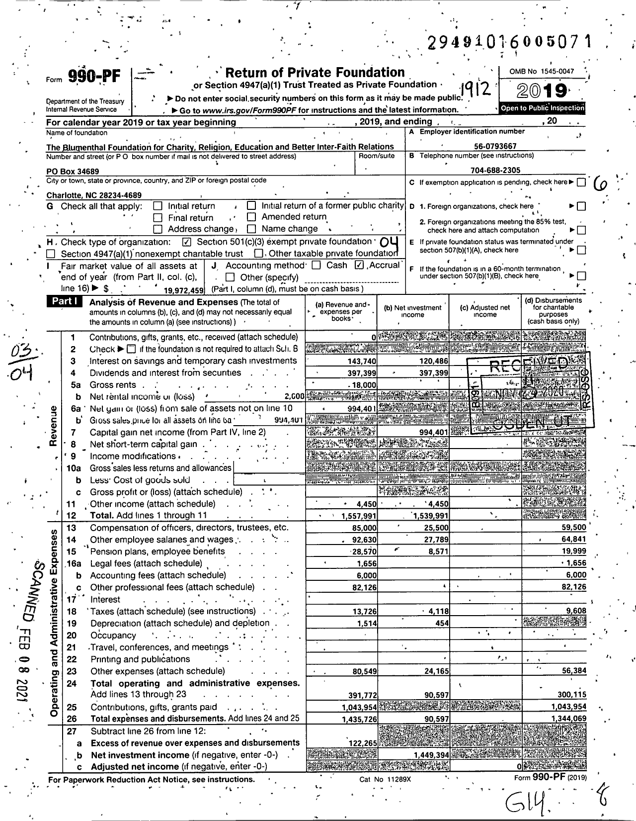 Image of first page of 2019 Form 990PF for Blumenthal Foundation