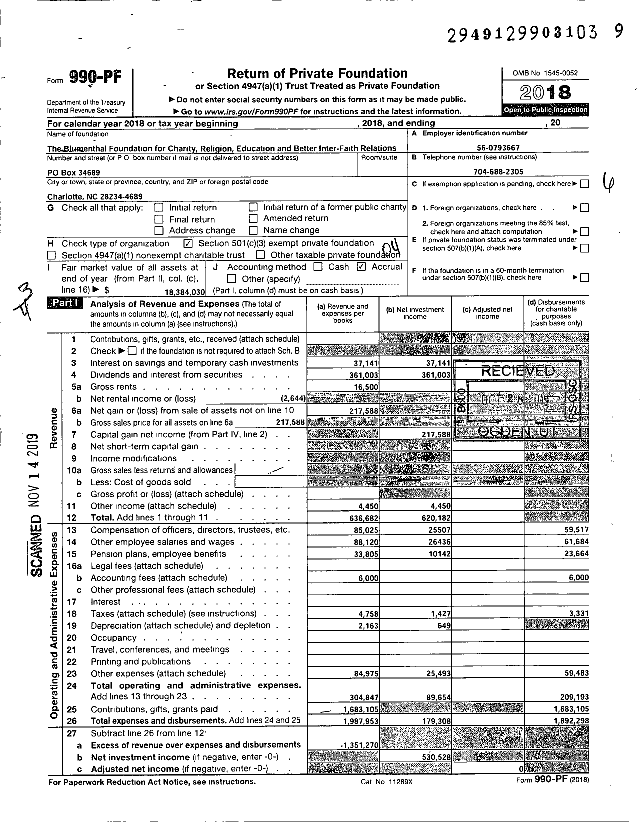Image of first page of 2018 Form 990PF for Blumenthal Foundation
