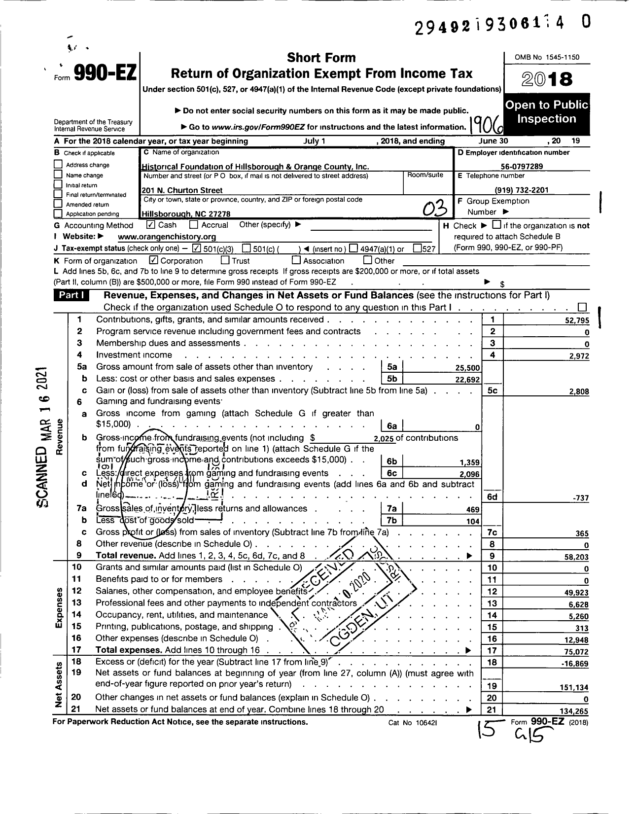 Image of first page of 2018 Form 990EZ for Historical Foundation of Hillsborough and Orange County