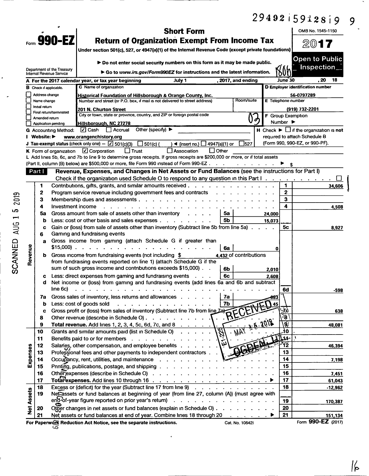 Image of first page of 2017 Form 990EZ for Historical Foundation of Hillsborough and Orange County