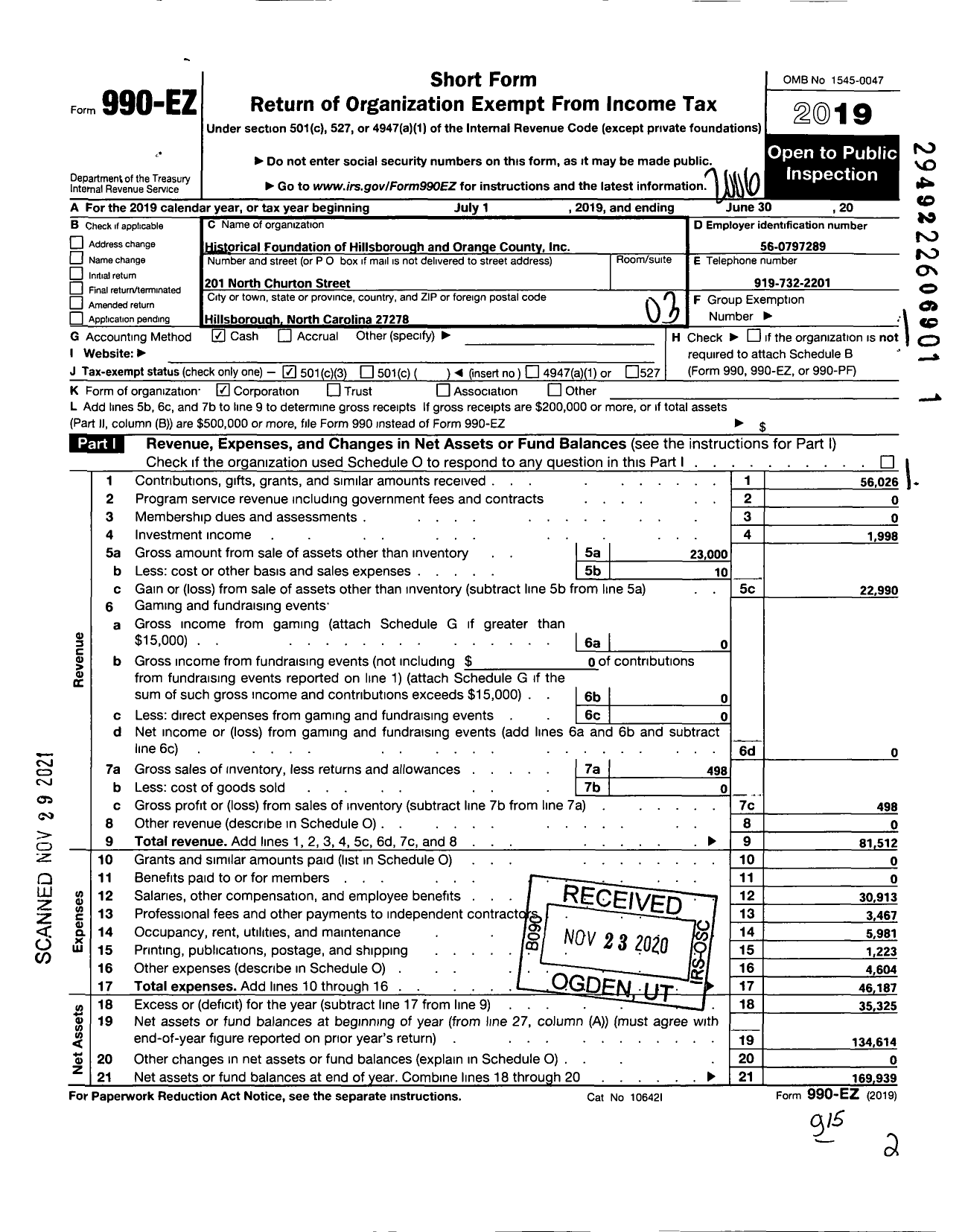 Image of first page of 2019 Form 990EZ for Historical Foundation of Hillsborough and Orange County